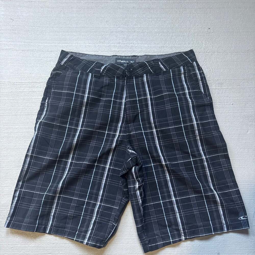 O'Neill Men's Black and Gray Plaid Flat Front Casual Shorts Size 34